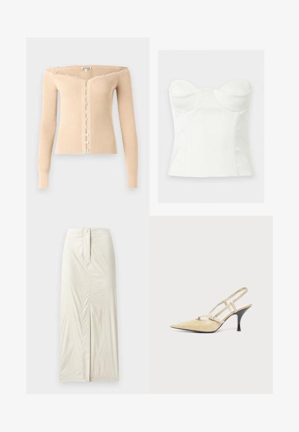Beige ribstrikket cardigan med bare skuldre, lange ærmer og en række små iriserende knapper ned foran og langs halsudskæringen.; Hvid stropløs korsettop med formede skåle, glat stof og strukturerede syninger for en tætsiddende pasform, vist på ensfarvet baggrund.; Lys beige, knælang nederdel lavet af glat, tekstureret stof. Har en frontslids og en knaplukning i taljen.; Beige spids tå slingback hæl med tynde stropper og en sølv spænde over en sort mellemhøj stilethæl på hvid baggrund.