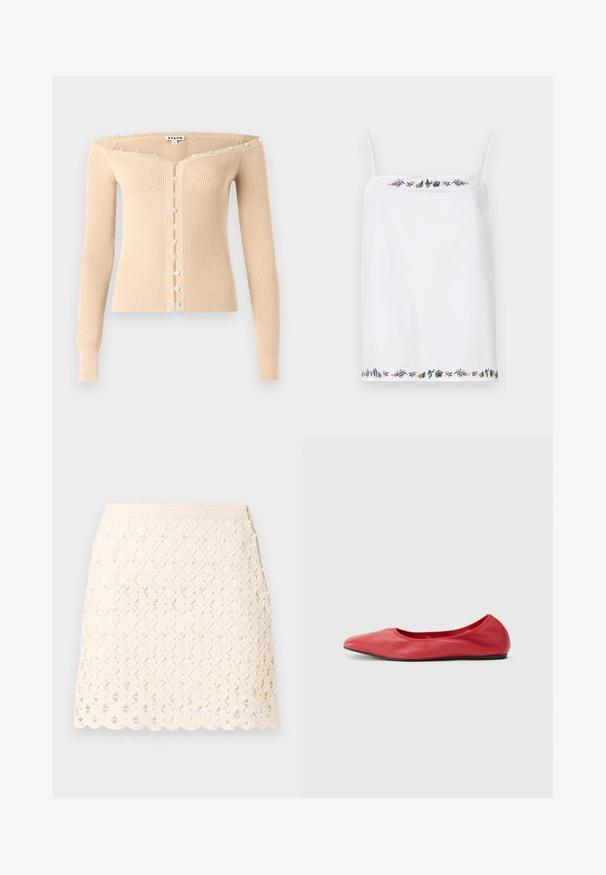 Cardigan beige côtelé à épaules dénudées avec manches longues et une rangée de petits boutons irisés sur le devant et le long de l'encolure.; Haut sans manches blanc avec de fines bretelles, présentant des broderies florales complexes autour de l'encolure et de l'ourlet dans diverses couleurs. Texture lisse.; Mini-jupe couleur crème avec motif en dentelle florale et petites perles décoratives, ourlet festonné et fermeture éclair latérale.; Filippa K REY FLATS - Ballerines - bright red