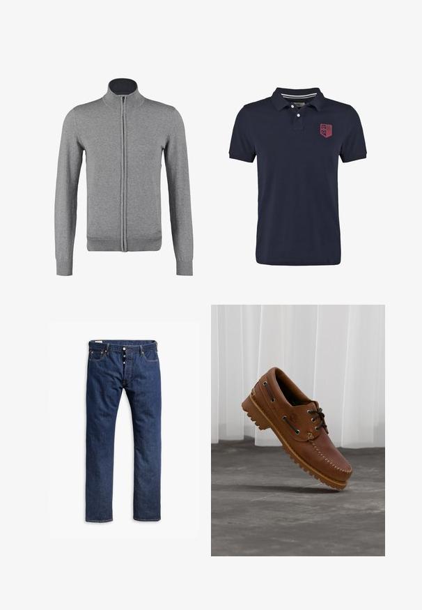 Grå zip-up cardigan med ribbet krave og manchetter, der har en glat tekstur og en tætsiddende form. Ingen synlige mønstre eller accenter.; Mørkeblå polo skjorte lavet af bomuld, med ribbet krave, to-knaps lukning og et rødt emblem på venstre bryst.; Mørkeblå denim jeans med lige ben, kontrastsyninger, knappelukning og fem lomme-stil.; Brun læder bådsko med sorte snørebånd, beige syninger og en robust sål, hængende over en grå betongulv.