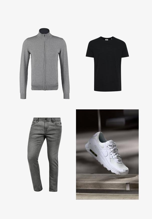 Gilet zippé gris avec un col et des poignets côtelés, offrant une texture lisse et une coupe ajustée. Pas de motifs ni d'accents visibles.; T-shirt noir uni à manches courtes et col rond présenté sur fond blanc, sans logos ni motifs visibles.; Jean en denim gris avec une coupe slim, comportant cinq poches, une fermeture à bouton et des détails de couture subtils. Texture douce et design épuré.; Sneaker Nike Air Max 90 blanche avec une tige en mesh et cuir, une boîte à orteils perforée et une unité air visible au talon.