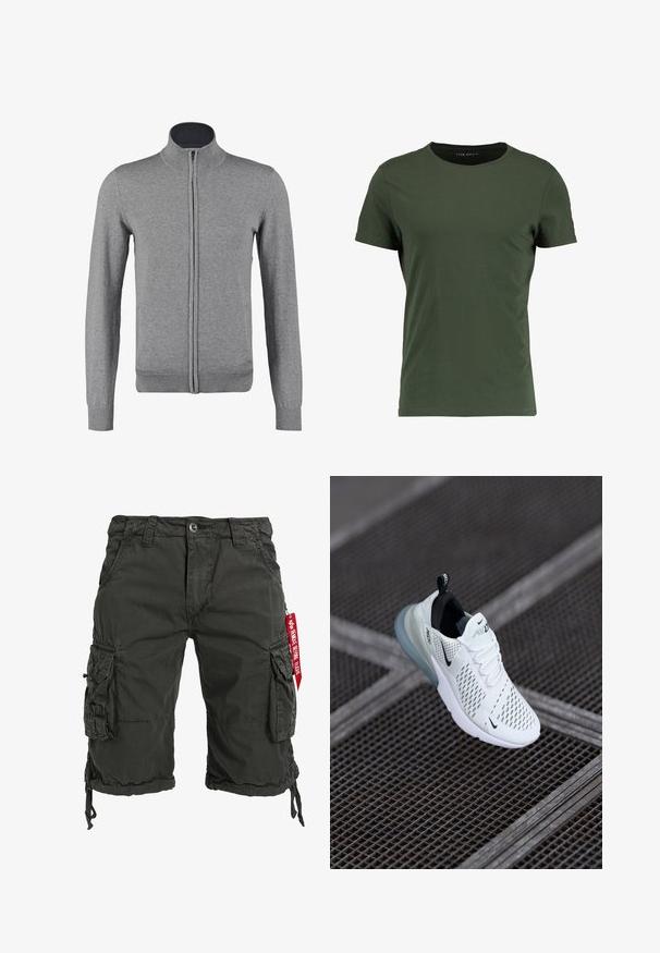 Cárdigan gris con cremallera, con cuello y puños acanalados, que presenta una textura suave y una forma ajustada. Sin patrones ni acentos visibles.; Camiseta de algodón de color verde oscuro con cuello redondo clásico, mangas cortas y una textura suave. Diseño simple y sin adornos.; Bermudas cargo de color verde oscuro fabricadas con tejido resistente, que cuentan con múltiples bolsillos laterales, un dobladillo con cordón y un acento de etiqueta roja.; Zapatilla deportiva blanca con parte superior de malla perforada, acentos negros, cordones visibles y una suela de amortiguación de aire translúcida.