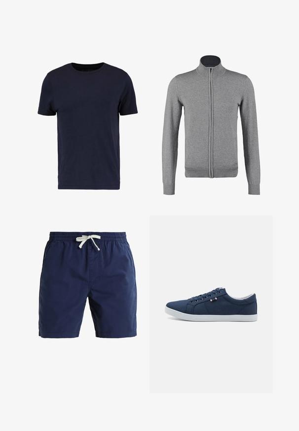 Grijze ritscardigan met een geribbelde kraag en manchetten, met een gladde textuur en een nauwsluitende pasvorm. Geen zichtbare patronen of accenten.; Pier One by Zalando T-shirt basic - dark blue; Marineblauwe zwembroek van lichtgewicht stof, met een elastische tailleband en een witte trekkoord, en zijzakken.; Marineblauwe canvas sneakers met witte rubberen zolen, ronde neus en zes paar gaatjes voor veters. Kenmerkt zich door een logotag aan de zijkant.