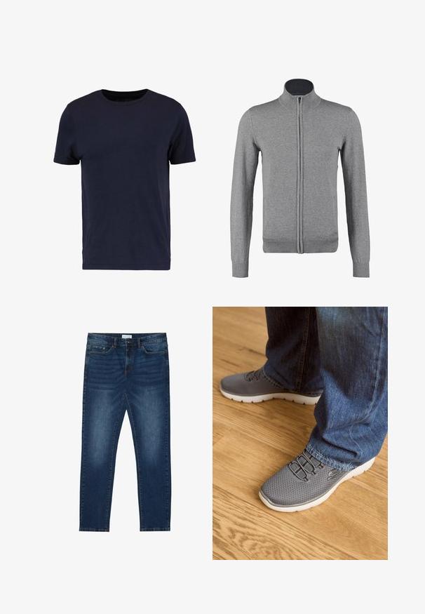 Gilet zippé gris avec un col et des poignets côtelés, offrant une texture lisse et une coupe ajustée. Pas de motifs ni d'accents visibles.; Pier One by Zalando T-shirt basique - dark blue; Jean slim-fit bleu foncé avec des détails délavés, design classique à cinq poches, fermeture à bouton et passants de ceinture.; Des chaussures de sport grises avec une tige en maille, une semelle blanche et des lacets élastiques. Associées à un jean en denim bleu, sur un sol en bois.