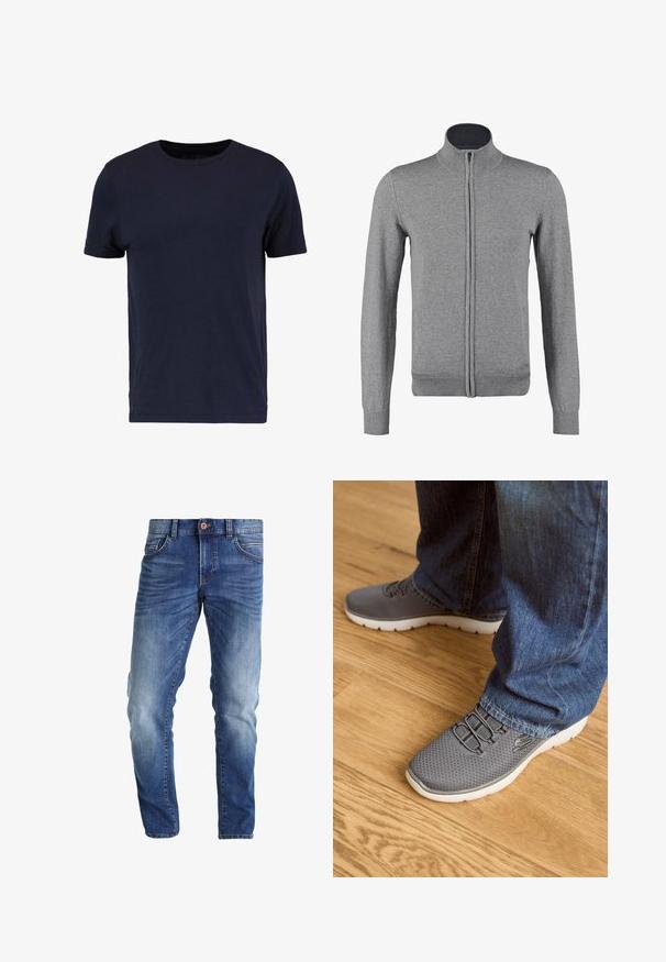 Grå zip-up cardigan med ribbet krave og manchetter, der har en glat tekstur og en tætsiddende form. Ingen synlige mønstre eller accenter.; Pier One by Zalando T-shirts basic - dark blue; Slim-fit blå jeans i denim med en lys til mørk vask gradient, fem-lomme design, knaplukning og synlige syninger.; Grå løbesko med mesh-overdel, hvid sål og elastiske snørebånd. Parret med blå denimjeans, på et trægulv.