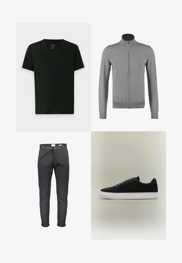 Gilet zippé gris avec un col et des poignets côtelés, offrant une texture lisse et une coupe ajustée. Pas de motifs ni d'accents visibles.; T-shirt en coton noir pour homme d'Armani Exchange avec des manches courtes et un col en V, taille moyenne, présenté à plat sur fond blanc.; Pantalon slim gris foncé en tissu doux, doté d'une fermeture à boutons, de passants pour ceinture et d'ourlets retroussés. Texture lisse sans motifs.; Baskets basses noires avec semelle en caoutchouc blanche, design à lacets et col rembourré, présentées sur un fond gris neutre.
