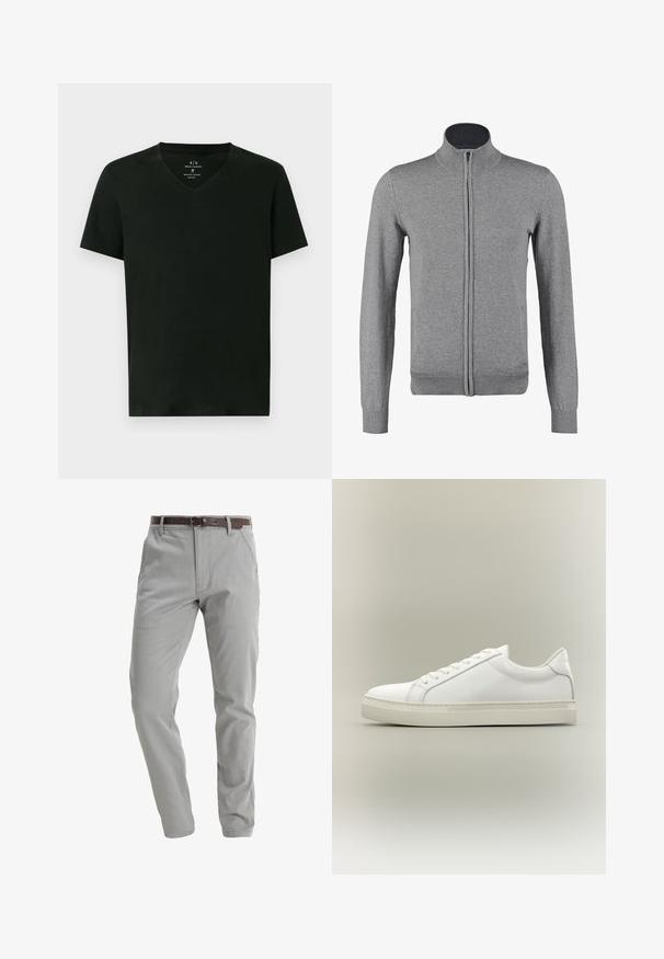 Gilet zippé gris avec un col et des poignets côtelés, offrant une texture lisse et une coupe ajustée. Pas de motifs ni d'accents visibles.; T-shirt en coton noir pour homme d'Armani Exchange avec des manches courtes et un col en V, taille moyenne, présenté à plat sur fond blanc.; Pantalons gris clair en tissu doux, avec une coupe droite, des poches avant et une ceinture en cuir marron pour le maintien.; Baskets blanches basses à lacets sur l’avant et semelle épaisse, vues de côté sur un fond neutre.