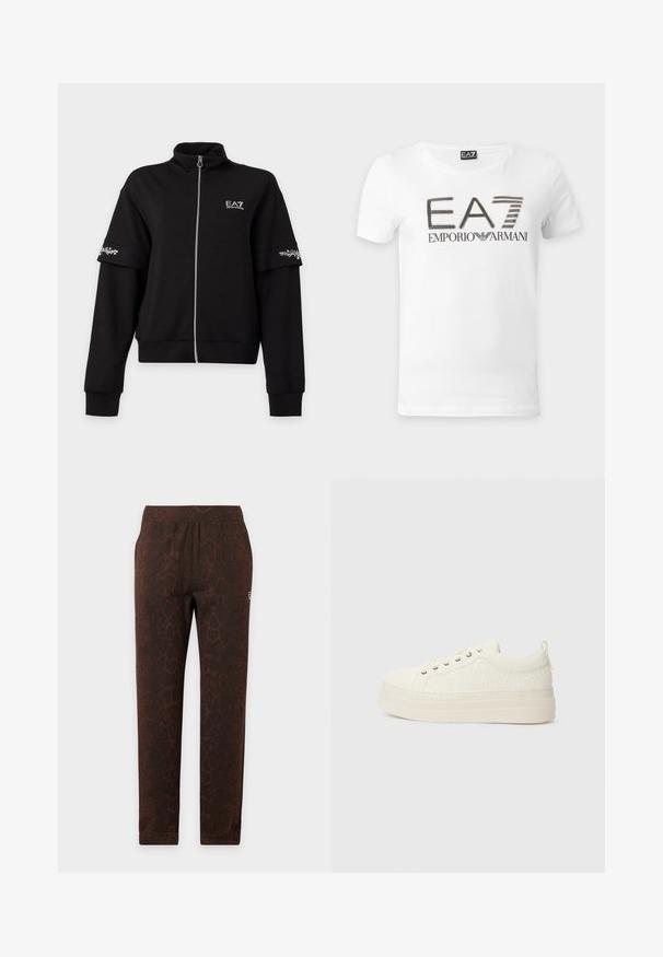 Zwarte jas met rits, hoge kraag, lange mouwen, wit EA7-logo op de borst en witte bloemendrukbanden op de bovenarmen.; Wit T-shirt met korte mouwen en zwart-gouden "EA7 Emporio Armani" logo gedrukt op de voorkant. Eenvoudig ontwerp met ronde hals.; Bruine slim-fit broek met slangenprint, elastische tailleband en een klein wit logo op de rechterdij, weergegeven op een effen achtergrond.; Witte sneakers met een gestructureerde bovenkant, platte zool, ronde neus en een klein trekloopje aan de hiel. Voorzien van metalen veterogen.