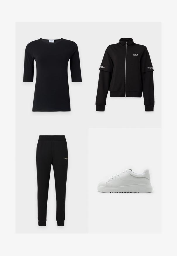 Veste noire zippée avec col haut, manches longues, logo EA7 blanc sur la poitrine et bandes imprimées florales blanches sur les bras supérieurs.; Haut noir à manches longues fabriqué en tissu doux et extensible. Dispose d'un col rond et d'une silhouette ajustée avec des manches de longueur intermédiaire.; Pantalon de survêtement noir fuselé avec taille et poignets élastiques, présentant un petit logo doré "Armani Exchange" sur la cuisse droite.; Baskets blanches avec une tige en cuir texturé, bout rond et lacets. Semelle en caoutchouc blanc épaisse avec un motif de traction texturé.