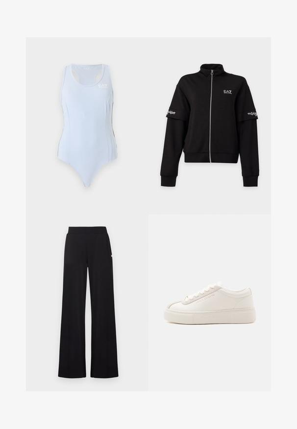 Veste noire zippée avec col haut, manches longues, logo EA7 blanc sur la poitrine et bandes imprimées florales blanches sur les bras supérieurs.; Justaucorps de sport bleu clair sans manches avec dos nageur et petit logo blanc EA7 sur le haut du côté gauche de la poitrine.; Pantalon noir à jambes larges avec une taille ajustée, réalisé dans un tissu lisse. Comprend des poches latérales discrètes et des accents matériels minimalistes.; Sneakers basses blanches avec une semelle épaisse, un laçage à l’avant et un marquage subtil Armani Exchange sur le côté et la semelle, présentées sur un fond uni.