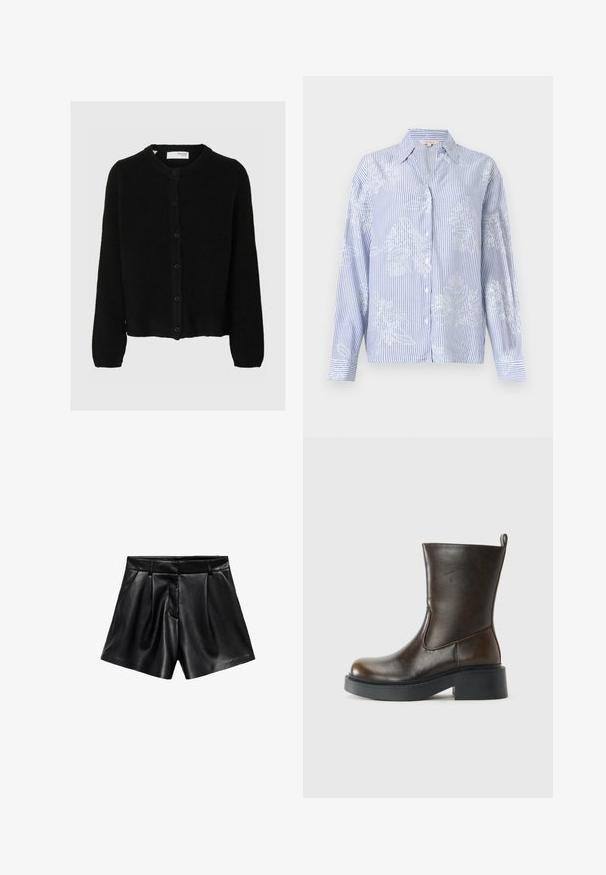 Sort strikket cardigan med rund halsudskæring, lange ærmer og seks frontknapper. Blød tekstur og afslappet pasform.; Langærmet skjorte med knapper, blå og hvide lodrette striber samt hvide blomsterprint, med spids krave og omsyede ærmer.; Højtaljede shorts i sort kunstlæder med sidelommer, frontfolder, bæltestropper og en skjult lynlåslukning foran.; Mørkebrune læderstøvler til midten af læggen med rund tå, tyk sort sål, lav blokhælel og en trækflap bagpå.