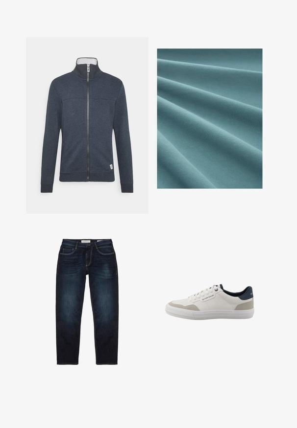 Chaqueta de cremallera azul oscuro con un cuello alto, puños y dobladillo acanalados. Hecha de un material suave con una textura sutil y un pequeño logo en la parte inferior.; Tela turquesa con una textura suave y lisa, que muestra pliegues sutiles y un patrón de punto uniforme a lo largo de toda su superficie.; Jeans de mezclilla azul oscuro con un ajuste estándar, que presentan una cremallera, cinco bolsillos y costuras amarillas en contraste. Textura suave en general.; Zapatilla blanca de corte bajo con acentos beige, collarín de talón azul marino, cordones blancos y suela de goma, con el logo de Tom Tailor en el lateral y la parte trasera.
