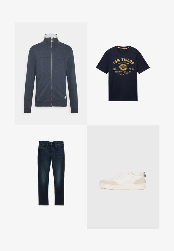 Donkerblauwe zip-up jas met een hoge kraag, ribbels aan de manchetten en de zoom. Gemaakt van een zacht materiaal met een subtiele textuur en een klein logo onderaan.; Marineblauw katoenen t-shirt met een ronde hals, korte mouwen en gele tekst die het merk en de slogan over de voorkant weergeeft.; Donkerblauwe spijkerbroek met een slim fit, met vijf zakken, een knoopsluiting en subtiele vervaging aan de voorkant voor textuur.; Witte sneaker met beige suède accenten, platte veters en een gemêleerde rubberen zool. Inclusief een groene lusdetail op de hak.