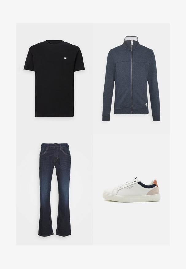 Dunkelblaues Zip-Up-Jacket mit hohem Kragen, gerippten Bündchen und Saum. Hergestellt aus weichem Material mit subtiler Textur und einem kleinen Logo am Saum.; Schwarz Baumwoll-T-Shirt mit kurzen Ärmeln, rundem Halsausschnitt und einem kleinen weißen Logo auf der linken Brustseite. Glatte Textur, schlichtes Design.; Dunkelblaue Denim-Jeans mit einem ausgestellten Bein-Design, ausgestattet mit kontrastierendem weißen Nähten, einem Knopfverschluss und fünf Taschen-Style.; Weiße Leder-Sneaker mit einem Low-Top-Design, marineblauem Stoffakzent am Kragen und einem hellrosa Wildleder-Hackenteil. Gummisohle.