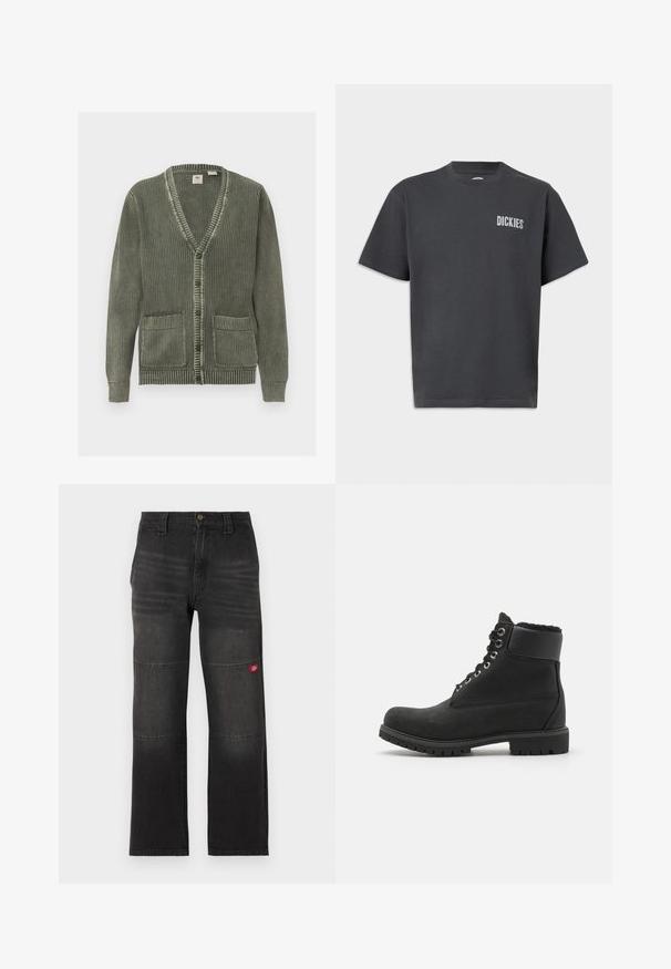 Cardigan vert tricoté avec col en V, fermeture par boutons, manches longues, poignets et ourlet côtelés, et deux poches avant.; T-shirt noir à manches courtes Dickies avec col rond et petit logo blanc sur le côté gauche de la poitrine, sur fond uni.; Pantalon de travail en denim noir avec panneaux doubles aux genoux et petit patch logo rouge sur la jambe droite, coupe droite et taille avec fermeture à boutons.; Bottines noires en daim avec une semelle en caoutchouc, dotées d'œillets en métal, de lacets et d'un col en fausse fourrure douce autour du haut.