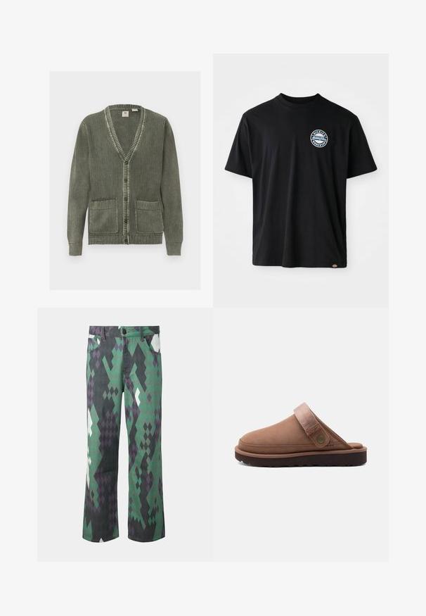 Grøn strikket cardigan med V-hals, knaplukning, lange ærmer, ribbede manchetter, kant og to forlommer.; Sort bomulds-T-shirt med et rundt logo på brystet. Korte ærmer og rund halsudskæring med lige snit ved kanten.; Bukser med lige ben med geometrisk diamantmønster i grøn, sort, lilla og hvid, med forlommer og knaplukning.; Brun slip-on clog med justerbar stofrem og metalknap, med en tyk sort robust sål til udendørs brug.