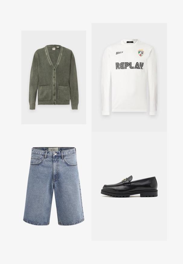 Grüne Strickjacke mit V-Ausschnitt, Knopfverschluss, langen Ärmeln, gerippten Bündchen, Saum und zwei Fronttaschen.; Weißes Langarmhemd mit schwarzem "REPLAY"-Schriftzug über der Brust, kleinem "REPLAY FC"-Schriftzug oben links und einem dreifarbigen Wappenemblem mit drei Sternen oben rechts.; Hellblaue Jeansshorts mit Fronttaschen, Gürtelschlaufen, Knopfverschluss und einem Etikett im Taillenbund mit der Aufschrift "REBEL".; Schwarze Lederloafers mit einer glatten Oberfläche, runder Zehenform, einem dekorativen Riemen mit goldfarbenem Zubehör und einer robusten schwarzen Sohle.