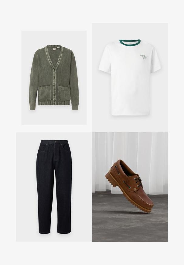 Cárdigan verde de punto con escote en V, cierre de botones, mangas largas, puños y dobladillo acanalados, y dos bolsillos delanteros.; Camiseta blanca de algodón con un cuello redondo verde, que presenta un pequeño logo de "Cowboy Country" bordado en verde en el lado izquierdo del pecho.; Pantalones de mezclilla azul oscuro de corte relajado, con cierre de botón y cremallera, dos bolsillos frontales y detalles de costura.; Zapato náutico de cuero marrón con cordones negros, costuras beige y una suela resistente, suspendido sobre un suelo de hormigón gris.