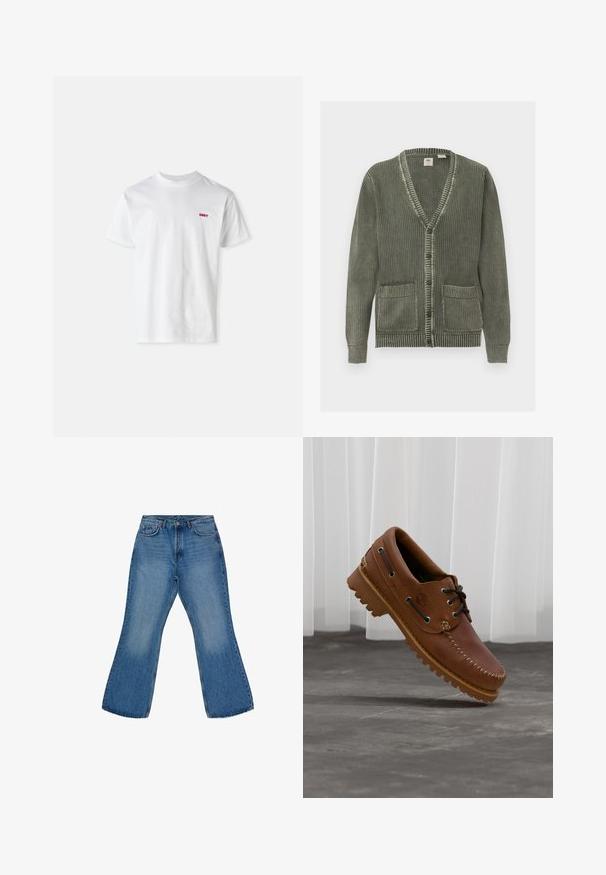 Cardigan vert tricoté avec col en V, fermeture par boutons, manches longues, poignets et ourlet côtelés, et deux poches avant.; T-shirt en coton blanc avec un col rond et des manches courtes, orné d'un petit logo rouge "OBEY" sur le côté gauche de la poitrine.; Jeans en denim bleu clair à jambe large avec taille mi-haute, design à cinq poches et zones décolorées à l'avant, mettant en avant un look décontracté.; Chaussure de bateau en cuir marron avec des lacets noirs, des coutures beiges et une semelle robuste, suspendue au-dessus d'un sol en béton gris.