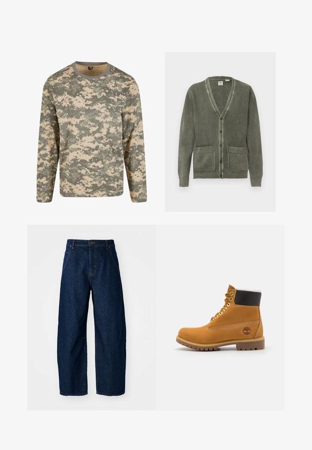 Groen gebreid vest met V-hals, knoopsluiting, lange mouwen, geribbelde manchetten, zoom en twee voorzakken.; Langermig shirt in een digitaal camouflagemodel met tinten groen en beige, met een ronde halslijn en een zachte textuur.; Wijdvallende donkere spijkerbroek met een hoge taille, voorzien van vijf zakken, een sluiting met een knoop aan de voorkant en zichtbare stikseldetails.; Bruine leren enkellaars met metalen oogjes, witte faux bont voering, zwarte gewatteerde kraag, robuuste zool en een reliëflogo aan de zijkant.