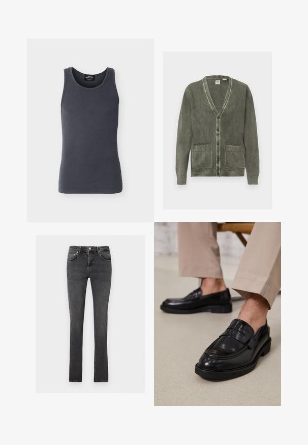 Cardigan vert tricoté avec col en V, fermeture par boutons, manches longues, poignets et ourlet côtelés, et deux poches avant.; Débardeur gris foncé côtelé sans manches avec un col rond, étiqueté Mads Nørgaard Copenhagen, présenté sur un fond blanc.; Jean slim homme gris foncé avec cinq poches et une fermeture à boutons, présenté à plat sur un fond clair.; Mocassins en cuir noir avec une finition lisse, ornés d'une sangle décorative et de coutures contrastées, associés à un pantalon beige.