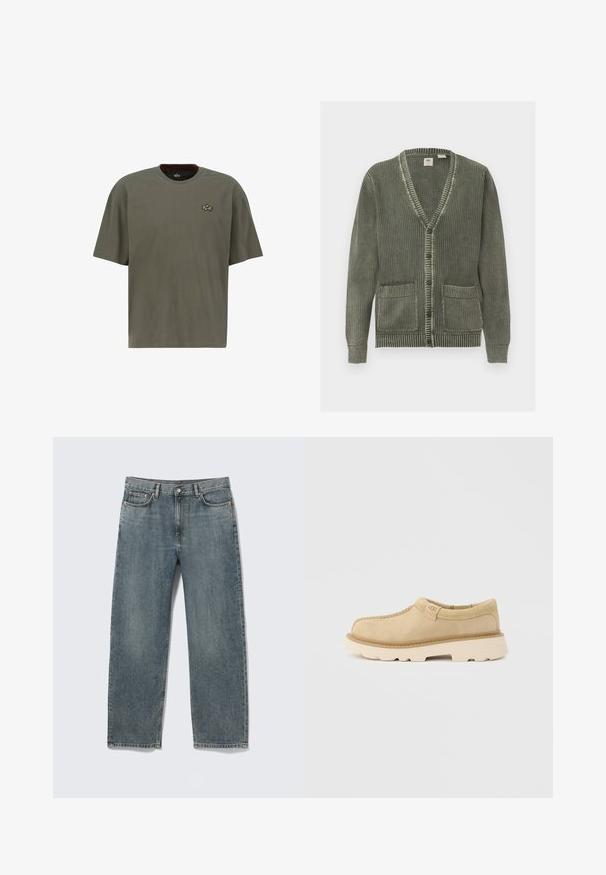 Grøn strikket cardigan med V-hals, knaplukning, lange ærmer, ribbede manchetter, kant og to forlommer.; Olivengrøn kortærmet T-shirt lavet af bomuld, med en rund halsudskæring og et lille guldbroderet logo på venstre bryst.; Blå straight-fit denimjeans med for- og baglommer, bæltestropper og knaplukning, vist fladt på hvid baggrund.; Beige ruskind slip-on sko med tyk hvid sål og UGG-logo på siden af fanen, vist på en ensfarvet lys grå baggrund.