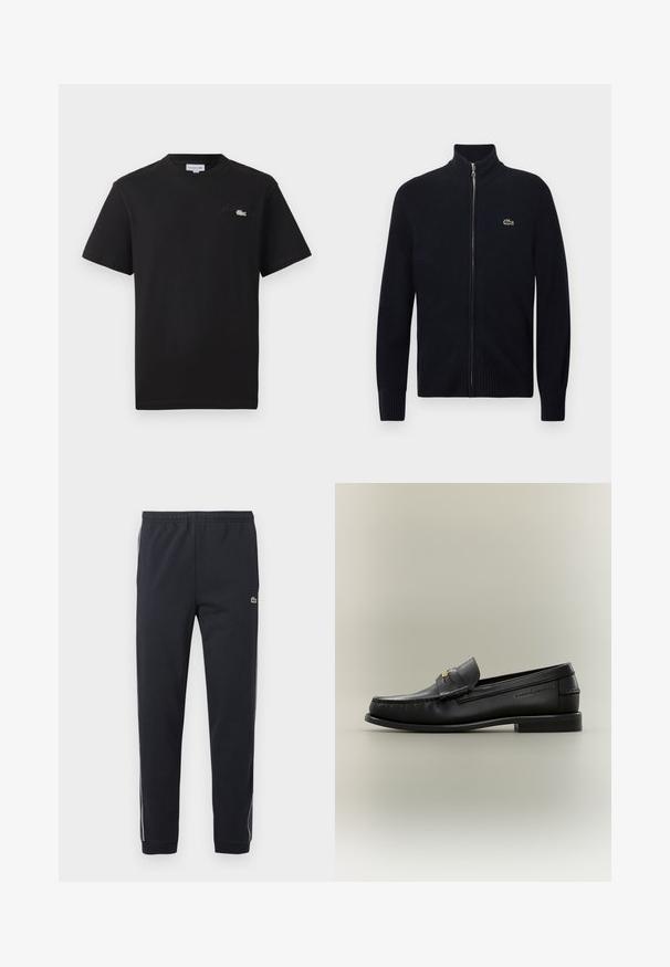 Schwarzer Reißverschluss-Pullover mit geripptem Kragen und Bündchen, aus Strickmaterial gefertigt. Verfügt über ein kleines grünes Logo auf der linken Brustseite.; Schwarzes Baumwoll-T-Shirt mit Rundhalsausschnitt. Verfügt über ein kleines, grün-weißes, gesticktes Lacoste-Logo auf der Brust. Kurze Ärmel, normale Passform.; Schwarze Sporthose mit elastischem Bund, zulaufenden Beinen, weißen Seitenstreifen und kleinem grünem Krokodil-Logo am rechten Oberschenkel.; Schwarzer Leder-Slipper mit niedrigem Absatz, goldener Schnalle und geprägtem Markennamen an der Seite vor neutralem Hintergrund.