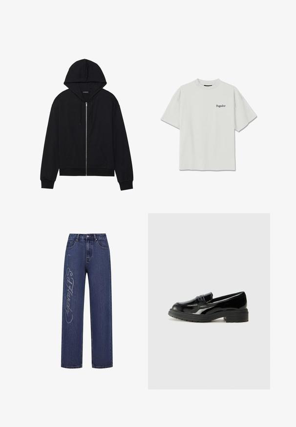 Sort zip-up hættetrøje med en frontlomme, snor i hætten, ribbede manchetter og kant. Fremstillet af blødt materiale med en glat tekstur.; Hvid t-shirt med korte ærmer og rund hals med teksten "Pegador" trykt i lille sort skrift på venstre bryst.; Mørkeblå denim jeans med løs pasform, der har dekorative sølv rhinsten, som danner teksten "Ed Hardy" langs venstre ben.; Sorte patenterede lædersko med en tykk sort gummisål, der har en syet front og en glat, skinnende overflade.