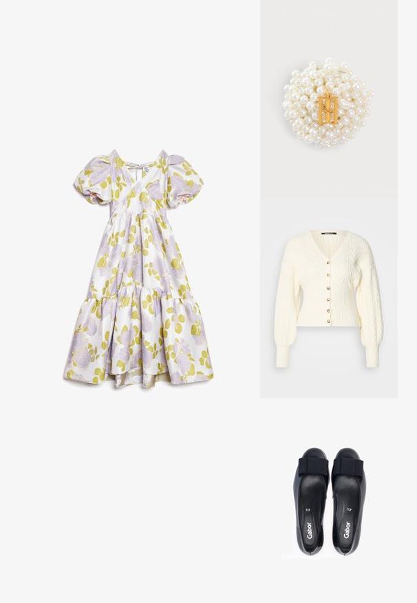 Gilet en tricot torsadé crème avec un col en V, un ourlet côtelé et de longues manches bouffantes. Présente des boutons dorés sur le devant et un tissu texturé.; Robe midi blanche avec manches bouffantes, motif floral violet, feuilles vertes, col en V et détail noué dans le dos, jupe à volants.; Ballerines noires Gabor avec des sangles élastiques, en cuir lisse, à bout rond et avec un rembourrage intérieur doux. Taille marquée comme 41/2.; Groupe de petites perles blanches formant une forme ronde avec un pendentif rectangulaire en or portant une lettre décorative H au centre.