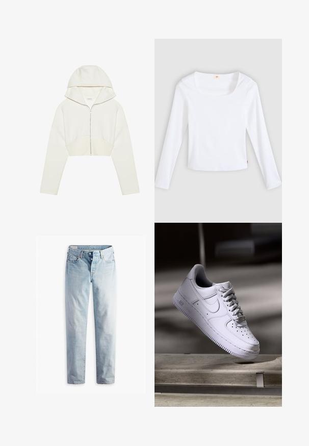 Weißer, taillierter Zip-Hoodie mit Kapuze, weichem Stoff, langen Ärmeln und einer Nahtdetails auf der Vorderseite. Glatte Textur und metallischer Reißverschluss.; Weißes Langarm-T-Shirt aus Rippstoff mit quadratischem Ausschnitt und figurbetontem Schnitt, mit einem kleinen Logobändchen an der Seite.; Hellblaue Jeans aus Denim mit geradem Bein, fünf Taschen und Metallknöpfen am Standardbund.; Weißer Nike Air Force 1 Sneaker schwebt über einer Betonoberfläche mit Schatten in einem minimalistischen Umfeld.