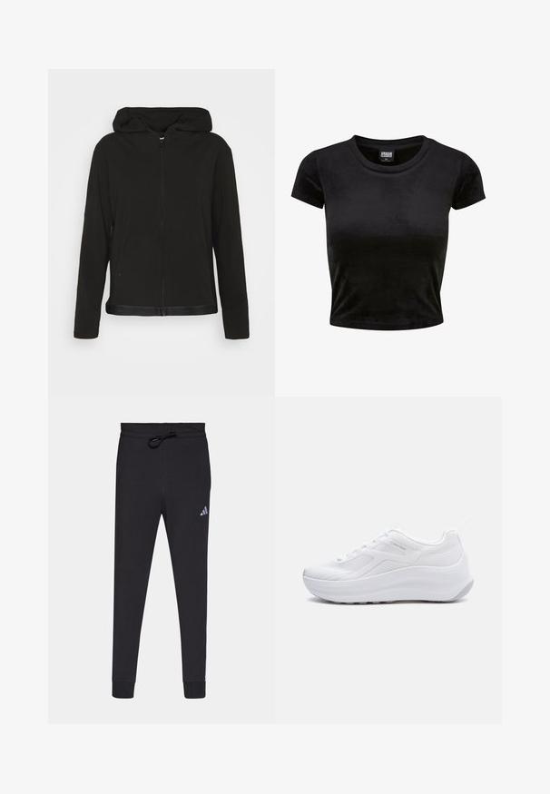 Haut à capuche noir zippé, avec des manches longues, des poches à l'avant et une bande noire brillante en bas, fabriqué à partir d'un matériau textile doux.; Crop top noir à manches courtes en tissu doux et velouté. Il présente un col rond classique et un design simple sans motifs ni accents.; Pantalons de sport noirs en tissu doux, avec une taille à cordon, des jambes fuselées et un petit logo Adidas blanc sur la cuisse gauche.; Baskets athlétiques basses blanches avec semelle épaisse et tige en mesh, arborant le logo Calvin Klein sur le côté.