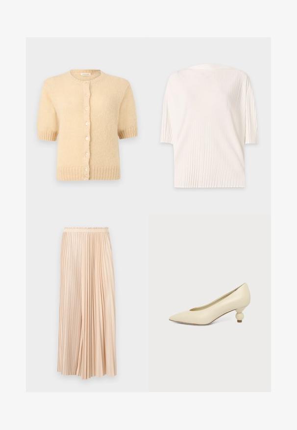 Cardigan beige à manches courtes en tricot avec encolure ronde, poignets et ourlet côtelés, et une rangée de petits boutons ronds à l'avant.; Haut blanc à manches courtes avec de fines plis verticaux et une coupe ample et décontractée sur un fond clair uni.; Jupe midi plissée bicolore beige avec ceinture élastique, combinant des plis fins et larges pour un look fluide et texturé.; Chaussure femme couleur crème à bout pointu avec un petit talon rond en forme de boule, sur fond uni.