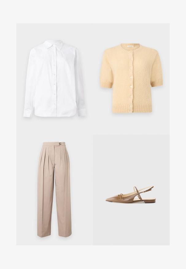 Beige kortærmet strikket cardigan med rund halsudskæring, ribstrikkede manchetter og kant samt en række små runde knapper foran.; Hvid langærmet skjorte med knapper lavet af bomuld, med spidse kraver og lige pasform med en glat tekstur.; Beige bukser med brede ben og plisseringer, to metalspænder i taljen og en glat bomuldstekstur. Ingen lommer synlige.; Brune lædersandaletter med spidse tæer, to smalle stropper og en lav hæl. Glat tekstur med en poleret finish.