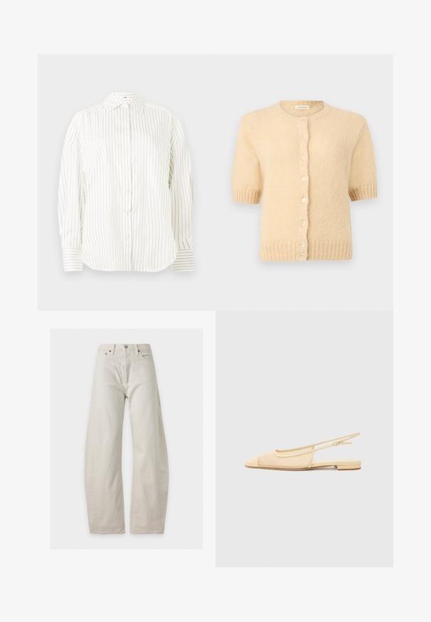 Beige kortærmet strikket cardigan med rund halsudskæring, ribstrikkede manchetter og kant samt en række små runde knapper foran.; Hvid skjorte med diskrete lodrette gyldne striber, klassisk krave og let puffede ærmer, med strukturerede manchetter med matchende striber.; Off-white, højtaljede vide jeans med forlommer, bæltestropper, knaplukning og synlige syninger på en ensfarvet baggrund.; Slingback fladsko i lys beige med en mesh-overdel, spids tå og en lav hæl. Har en justerbar strop for bedre pasform.