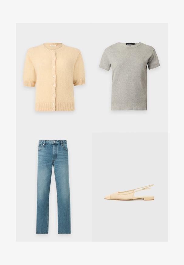 Cardigan beige à manches courtes en tricot avec encolure ronde, poignets et ourlet côtelés, et une rangée de petits boutons ronds à l'avant.; T-shirt en coton gris clair à manches courtes et col rond avec une étiquette noire visible à l'intérieur du col indiquant "DENIM" et la taille "S."; Jean en denim bleu à jambes droites avec poches avant, fermeture par bouton et passants pour ceinture, présenté à plat sur un fond clair.; Chaussure plate slingback en beige clair avec une tige en maille, un bout pointu et un petit talon. Dotée d'une sangle ajustable pour un bon maintien.