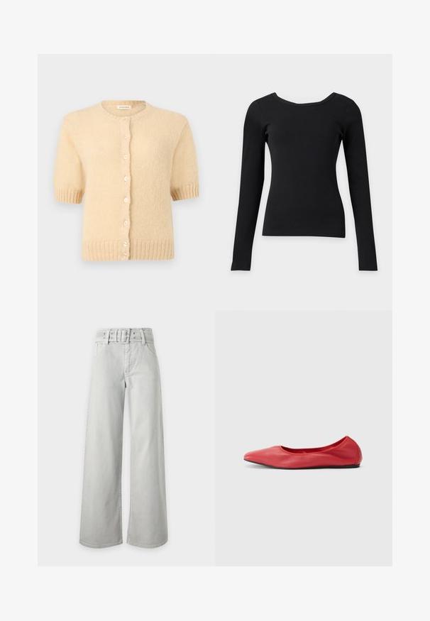 Cardigan beige à manches courtes en tricot avec encolure ronde, poignets et ourlet côtelés, et une rangée de petits boutons ronds à l'avant.; Haut noir ajusté à manches longues avec un large col rond et une texture côtelée sur un fond clair uni.; Jean gris clair taille haute à jambes larges, avec poches avant, passants de ceinture et ceinture en tissu assortie avec boucle.; Filippa K REY FLATS - Ballerines - bright red