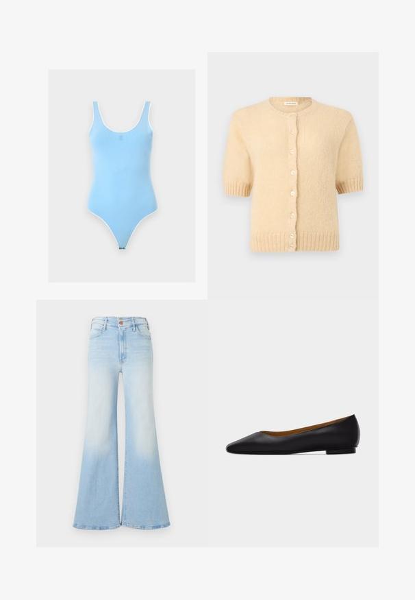 Cardigan beige à manches courtes en tricot avec encolure ronde, poignets et ourlet côtelés, et une rangée de petits boutons ronds à l'avant.; Body sans manches bleu clair avec encolure dégagée et bordure blanche, avec un petit logo centré sur la poitrine.; Jean en denim bleu clair taille haute avec jambes évasées larges, fermeture à boutons sur le devant, et poches avant et arrière.; Chaussure plate en cuir noir à bout pointu avec talon bas et finition lisse, vue de côté sur un fond gris clair.
