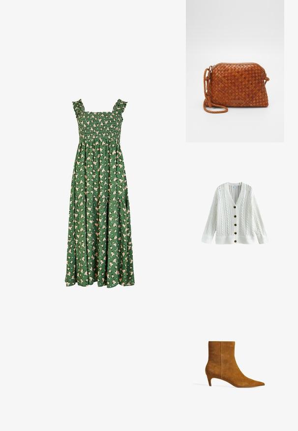 Cardigan blanc en tricot avec motifs torsadés, col en V, manches longues, et cinq boutons brun foncé sur le devant.; Robe maxi verte avec un corsage smocké, des bretelles froncées, et un motif floral avec des fleurs roses claires. Comprend un design de jupe à volants.; Botte de cheville en daim marron avec un bout pointu et un petit talon. Le design présente une texture lisse et un empeigne sans couture.; Sac en cuir tressé marron en bandoulière avec une fermeture éclair, de forme arrondie et une poignée tressée. Il présente une petite plaque logo rectangulaire.