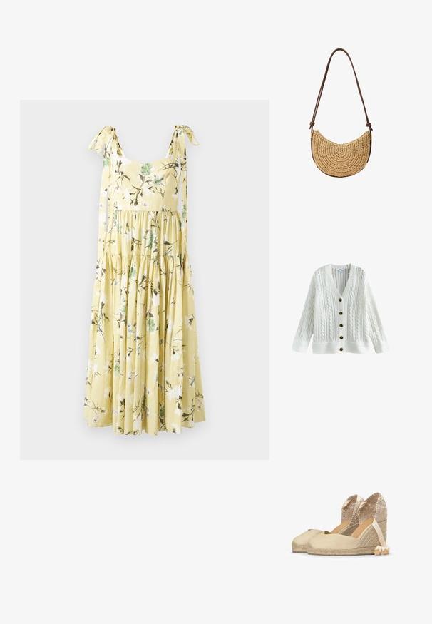 Cárdigan blanco de punto con patrones de trenzas, escote en V, mangas largas y cinco botones marrón oscuro en la parte delantera.; Vestido midi amarillo con estampado floral blanco y verde, falda de volantes y tirantes atados sobre un fondo liso.; Alpargatas de cuña de lona beige con tacones tejidos, lazos en el tobillo y suelas trenzadas de yute colocadas lado a lado sobre un fondo blanco.; Bolso de mano de paja tejido en forma de media luna con correa ajustable para el hombro de color marrón y detalles metálicos dorados sobre un fondo blanco.