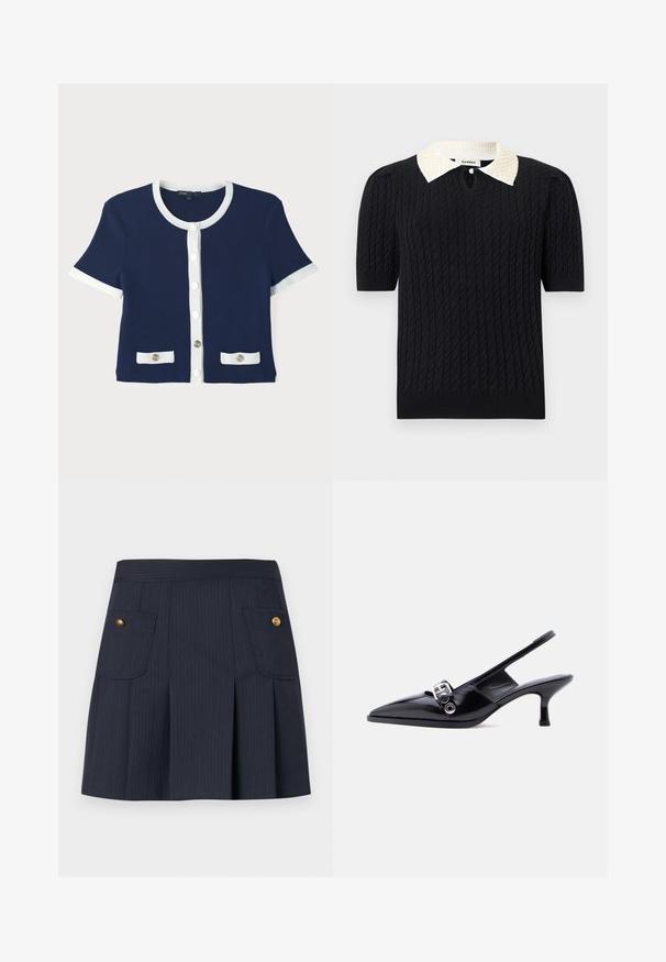 Cardigan côtelé navy avec bord blanc, manches courtes et fermeture à boutons sur le devant. Il présente deux poches avec des boutons décoratifs.; Haut noir en maille à manches courtes avec motif torsadé, doté d'un col pointu blanc orné de perles et d'une petite ouverture frontale avec bouton.; Jupe à rayures bleu marine foncé avec des plis à l'avant et deux poches à rabat ornées de boutons dorés de chaque côté.; Chaussure à talon bas en cuir verni noir avec bride arrière, bout pointu et détail boucle argentée sur fond blanc uni.