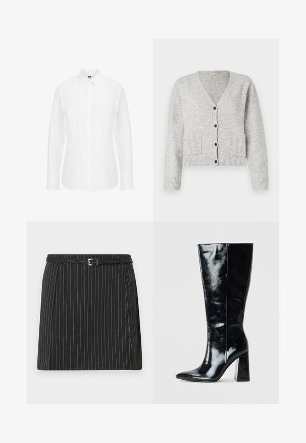 Cardigan gris de mezcla de lana con escote en V, puños acanalados y dos bolsillos frontales, que cuenta con seis botones negros en el delantero.; Camisa blanca de manga larga hecha de algodón, con un cuello clásico, botones en la parte delantera y un dobladillo recto con bordes ligeramente redondeados.; Minifalda negra con rayas verticales blancas, con un cinturón delgado con una hebilla rectangular plateada en la cintura.; Botas negras hasta la rodilla hechas de cuero brillante, con punta afilada y un tacón geométrico grueso con una textura suave.