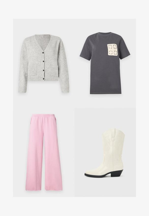 Grijze wolmix cardigan met een V-hals, geribde mouwen en twee voorzakken, voorzien van zes zwarte knopen aan de voorkant.; Donkergrijs T-shirt met korte mouwen en een vierkante, crèmekleurige haaknaadpatch met vier kleinere bloemmotieven op de linkerborst.; Roze wijde broek gemaakt van zachte stof met een elastische tailleband en zijzakken. Heeft een recht, vloeiend model.; Witte westernlaars tot halverwege de kuit met puntige neus, zwarte gestapelde hak, decoratieve stiknaden en een lus aan de schacht.