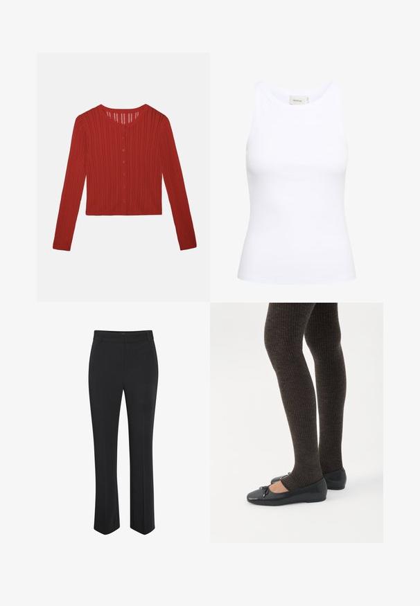 Rød strikket cardigan med lange ærmer, vertikale åbne striber og knaplukning foran.; Hvid ribbet tanktop med rund halsudskæring og uden ærmer. Strækbart stof og tætsiddende design. Etiketten bagpå viser "GESTUZ."; Sorte, skræddersyede bukser med lige ben. Fremstillet af glat stof, med en taljeret linning i taljen og en diskret presning foran.; Ben iført mørke ribbede leggings kombineret med sorte balletsko med små sløjfedetaljer på hvid baggrund.