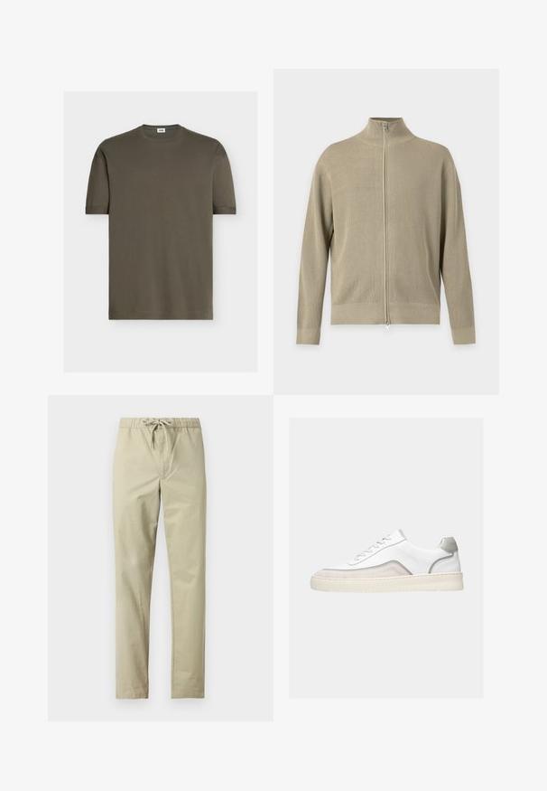 Pull zippé en maille côtelée beige avec manches longues et col montant court, présenté sur un fond uni clair.; T-shirt vert olive uni à manches courtes avec col rond et petite étiquette blanche à l'intérieur du col au dos.; Pantalon beige clair avec une ceinture élastique et un cordon de serrage. Fabriqué en tissu doux, doté de jambes droites et sans poches ni motifs.; Baskets basses blanches avec des touches de daim beige, des finitions grises, des lacets blancs et une semelle épaisse en caoutchouc blanc cassé, vues de côté sur un fond clair.