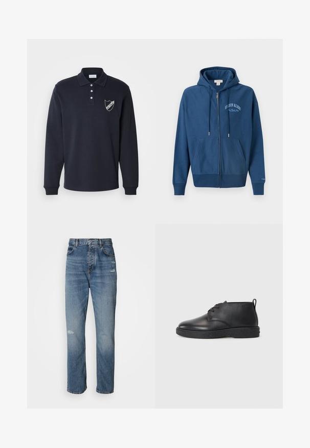 Sininen vetoketjullinen huppari, jossa on etutaskut, kiristysnyöri hupussa ja vasemmassa rinnassa painettu "Calvin Klein New York City".; Laivastonsininen pitkähihainen polo-paita, puuvillasekoite, jossa on kolme nappia napitettavaksi, ribbauskättyriä ja valkoinen kilpilogot vasemmassa rintataskussa.; Vaaleansinisiä farkkuhousuja, joissa on suora lahkeiden muotoilu. Housuissa on napilla ja vetoketjulla varustettu suljenta, viisi taskua ja kulutettuja yksityiskohtia polven lähistöllä.; Mustat nahkaiset nilkkurit, joissa on sileä pinta, pyöreä kärki ja musta kumipohja. Varustettu nauhakiinnityksellä ja kantataskulla helppoa pukemista varten.