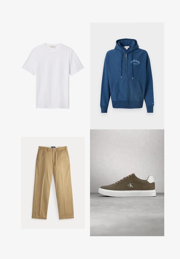 Blå hættetrøje med lynlås, forlommer, snøre i hætten og "Calvin Klein New York City" trykt på venstre bryst.; Hvidt ensfarvet T-shirt med korte ærmer og rund hals, med lille præget logo på venstre bryst og mærke indeni kraven.; Beige chinos lavet af bomuldsstof. Design med lige ben, flad front, to sidelommer og en talje med knaplukning.; Brun Calvin Klein-sneaker med hvid sål og snørebånd, vist foran en væg af glasblokke og en betongulvbaggrund.