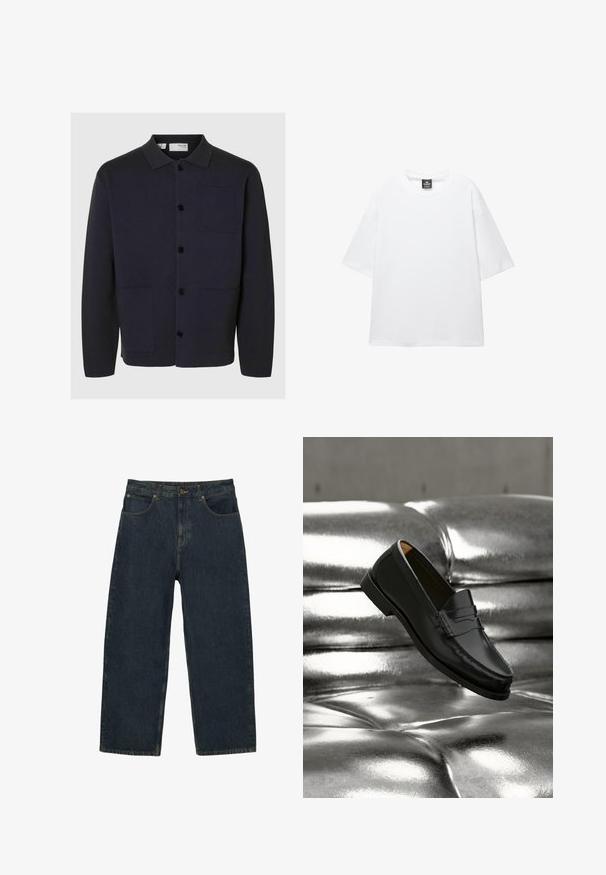 Selected SLHMIKE LIGHT LS KNIT RELAXED POLO CARDI - Gilet - sky captain; T-shirt blanc surdimensionné avec des manches courtes, un col rond et un tissu en coton doux. Présente une étiquette noire au niveau du cou. Sans motifs ni accents.; Jean en denim bleu foncé taille haute, coupe droite, avec poches avant, fermeture à boutons, et coutures apparentes.; Mocassin en cuir noir flottant au-dessus d'un canapé en cuir argenté brillant matelassé à boutons dans un décor minimaliste.