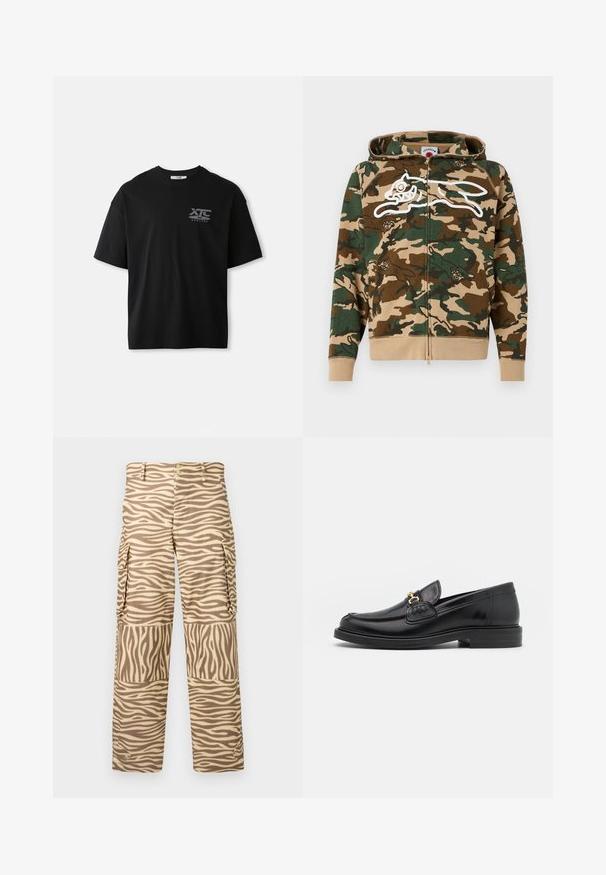 Icecream RUNNING DOG WOODLAND CAMO ZIP THROUGH HOOD - Sweatjakke - multi; Sort kortærmet bomulds T-shirt med rund hals og en hvid logo "XTC VERTERE" på venstre brystområde. Glat tekstur.; Cargo bukser i et tan- og creamfarvet zebra-print. Funktioner inkluderer lige ben, to sidelommer og en knaplukning med metalaccenter.; Sorte læder loafers med en rund tå, der har guld hardware accent og syningsdetaljer, placeret på en lav, tekstureret gummisål.