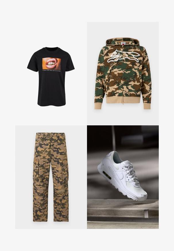 Icecream RUNNING DOG WOODLAND CAMO ZIP THROUGH HOOD - Sweater met rits - multi; Zwarte katoenen T-shirt met een afbeelding van een open mond met gouden tanden en roze lippen, met witte tekst eronder op een kleurrijke achtergrond.; Cargo broeken in camouflagepatroon met tinten groen en bruin, voorzien van zijzakken en een verweerde detail op de knie.; Witte Nike Air Max 90 sneaker met een bovenwerk van mesh en leer, een geperforeerde teenbox en een zichtbare luchtunit in de hiel.
