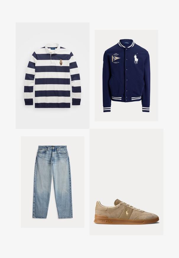 Meresinine varsity-tüüp jakk valge triibulise krae ja mansettidega, esitaskud, tikitud polo mängija logo ja jahtklubi tekst flissi plaastri ees.; Polo Ralph Lauren CLASSIC FIT POLO BEAR RUGBY SHIRT - Pikkade varrukatega topp - blu; Hele sinised teksapüksid lahtise istmega. Omavad kõrget pihta, viit taskut ja nähtavat õmblust. Pinna tekstuur on veidi karedam.; Beež color veluurist ja nahast madala säärega toss kummikõrrega, valgete paelte ja Polo logoga küljel ning tallal.