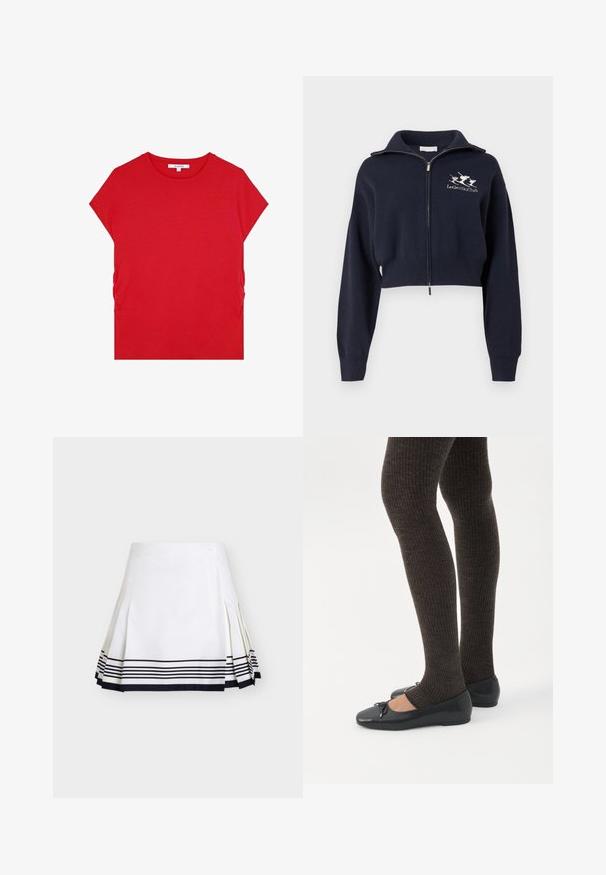Sweat-shirt bleu marine court à zip avec col montant, doté de poignets et d'une ceinture côtelés, avec un logo blanc brodé sur le côté gauche de la poitrine.; T-shirt en coton rouge à manches courtes, décolleté rond et détails froncés sur les côtés, présentant une texture lisse et un design minimaliste.; Jupe blanche plissée avec des rayures horizontales noires près de l'ourlet et un petit bouton sur la taille, présentée sur un fond uni.; Jambes portant des leggings côtelés foncés associés à des ballerines noires avec de petits détails en nœud sur fond blanc.